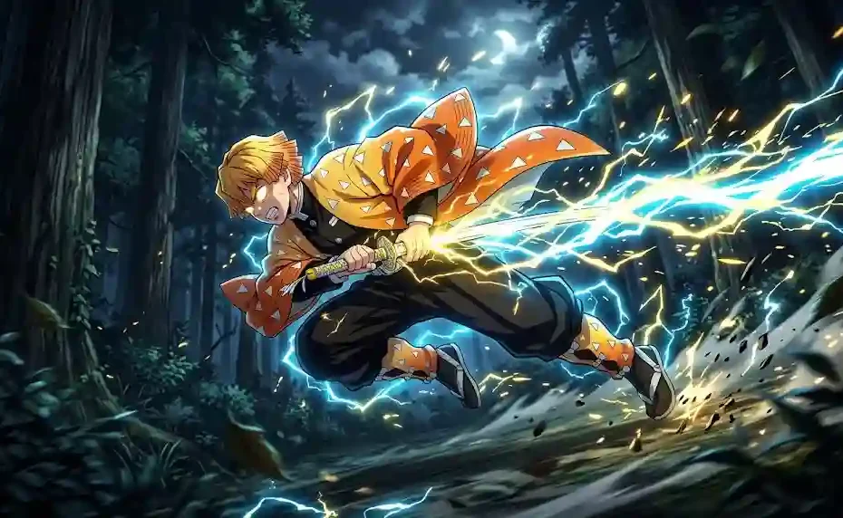 Zenitsu Agatsuma in a low dynamic stance drawing his katana with bright yellow lightning radiating around him in a dark forest at night.