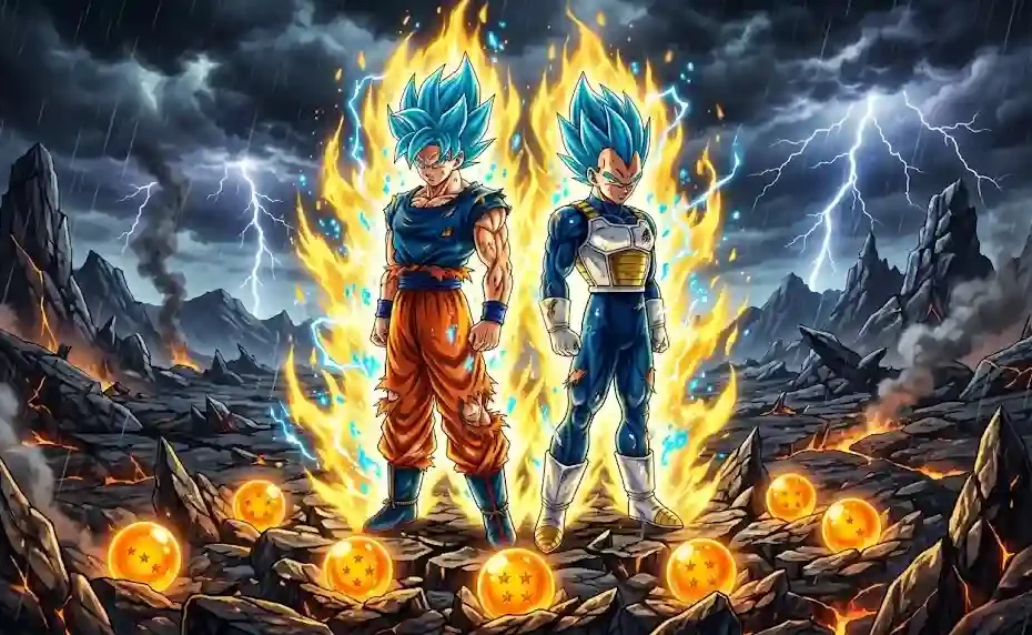 Goku aur Vegeta ki 16:9 cinematic anime illustration, jahan dono Super Saiyan Blue hair aur golden energy aura ke sath cracked rocky ground par back-to-back khade hain, foreground mein glowing orange Dragon Balls aur background mein stormy sky lightning ke sath hai.