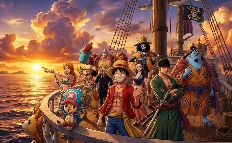 Luffy and the Straw Hat Pirates standing on the deck of the Thousand Sunny during a golden hour sunset, anime realistic style.