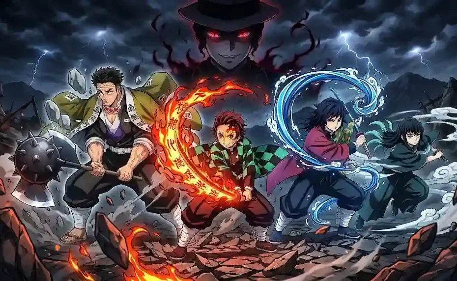 Tanjiro Kamado with glowing red solar flame blade standing alongside Gyomei Himejima, Giyu Tomioka, and Muichiro Tokito under Muzan Kibutsuji looming in dark stormy sky.