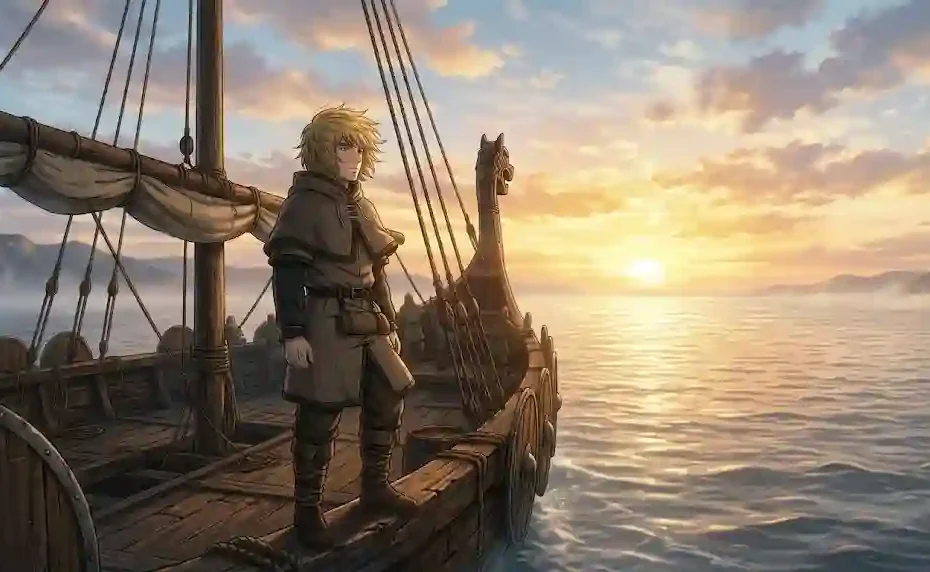 A horizontal 16:9 anime illustration of Thorfinn from Vinland Saga standing weaponless on a wooden Viking ship, looking at a golden sunrise over a calm ocean mist.