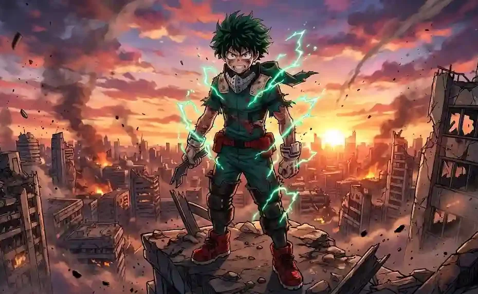 Dramatic anime illustration of battle-damaged Izuku Midoriya standing on a ruined skyscraper during sunset with green energy lightning around his arms.