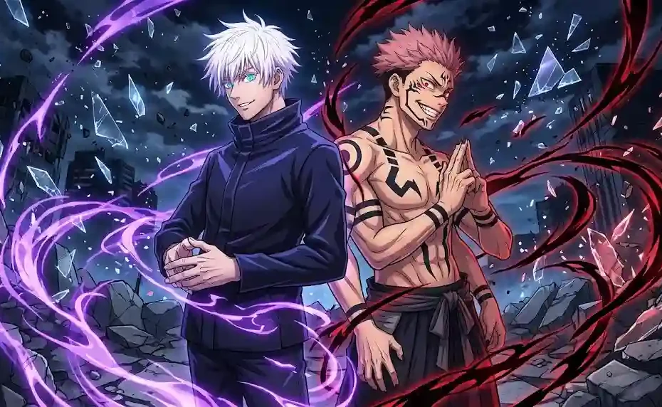 Cinematic 16:9 anime illustration of Satoru Gojo with glowing blue eyes standing between Ryomen Sukuna and Yuta Okkotsu holding a katana on an urban battlefield at sunset.