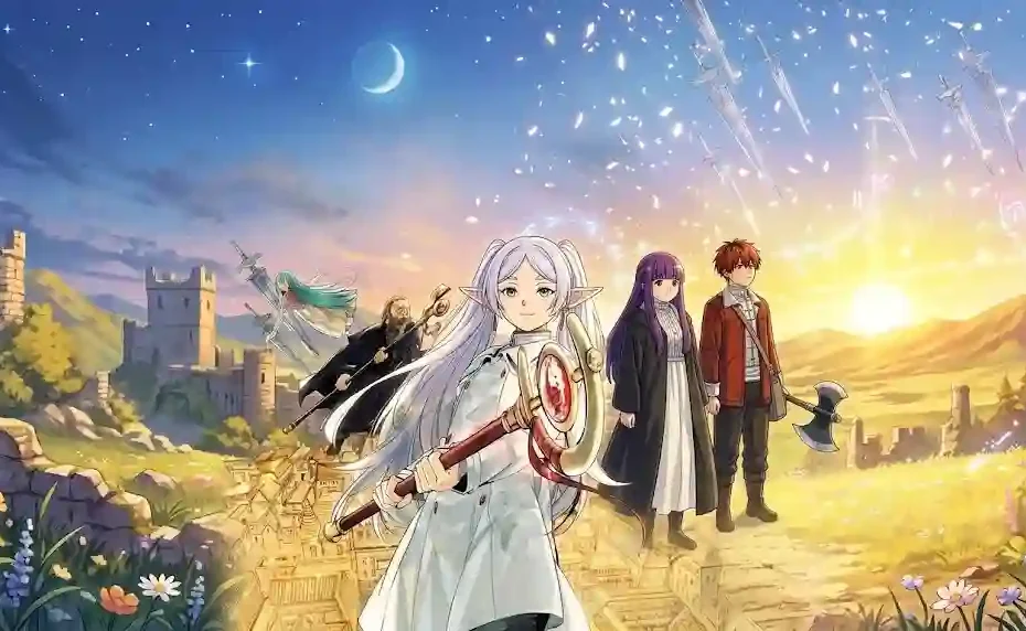 Frieren standing in the foreground holding her magical staff, flanked by Fern, Stark, and fellow companions under a scenic fantasy sky with floating magical swords and ruins.