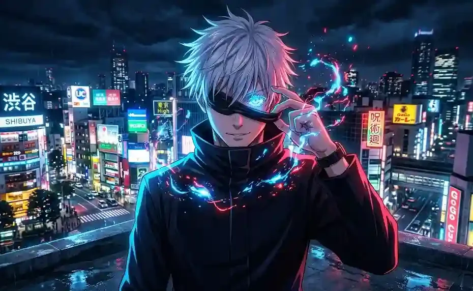Cinematic 16:9 anime illustration of Gojo Satoru pulling down his black blindfold to reveal a glowing blue eye, surrounded by red and blue cursed energy against a neon Tokyo night backdrop.