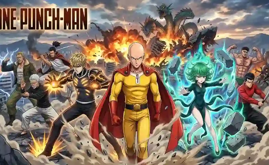 One Punch Man main characters featuring Saitama in the center with Genos, Tatsumaki, Silver Fang, and King in a high-action anime city battlefield scene.