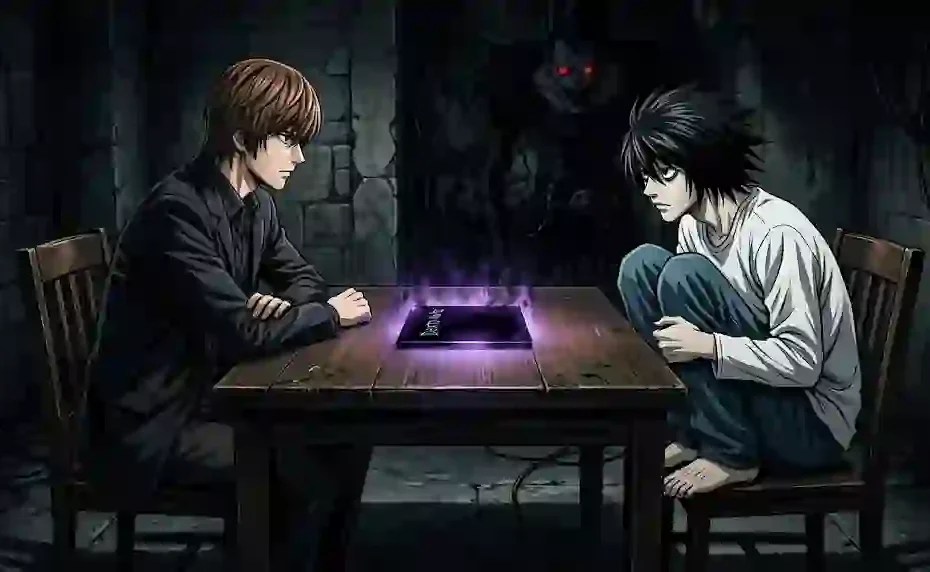 Light Yagami and L sitting across a wooden table with a glowing Death Note notebook and Ryuk lurking in the shadows.